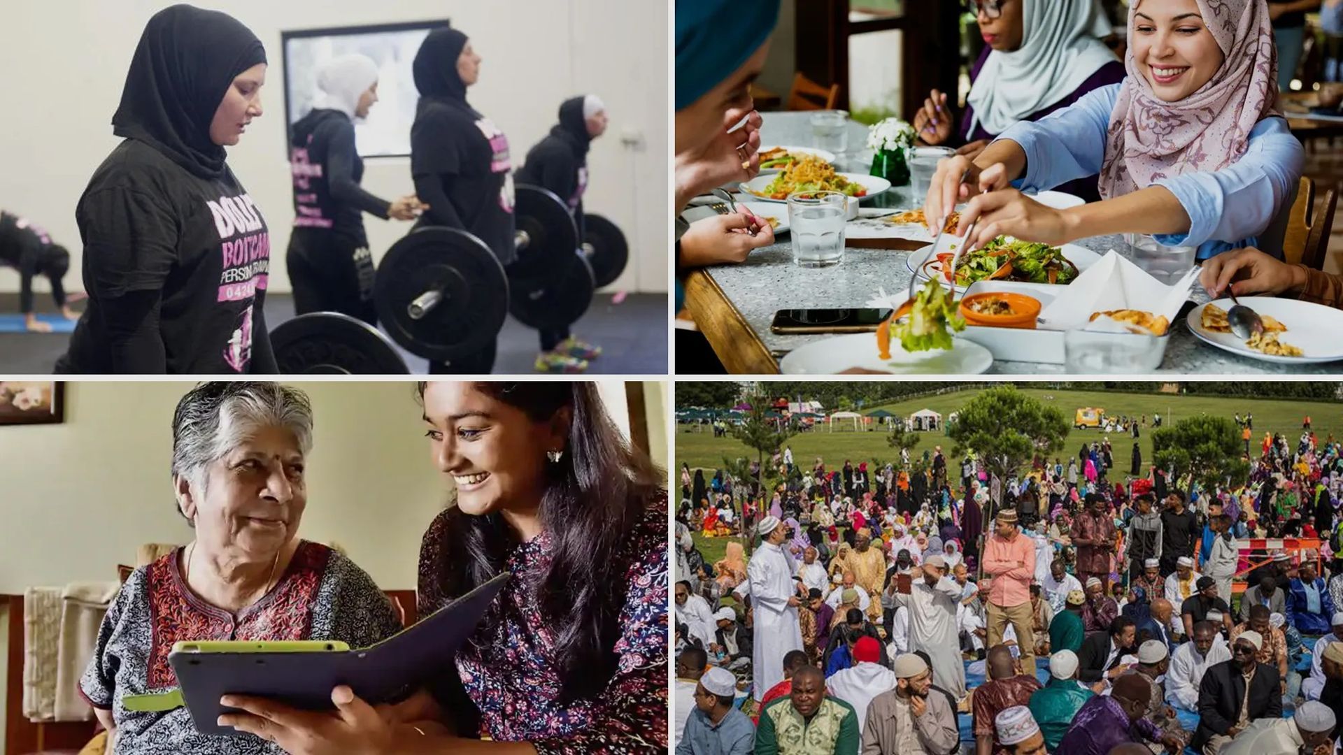 a woman is holding a tablet in a collage of four pictures .