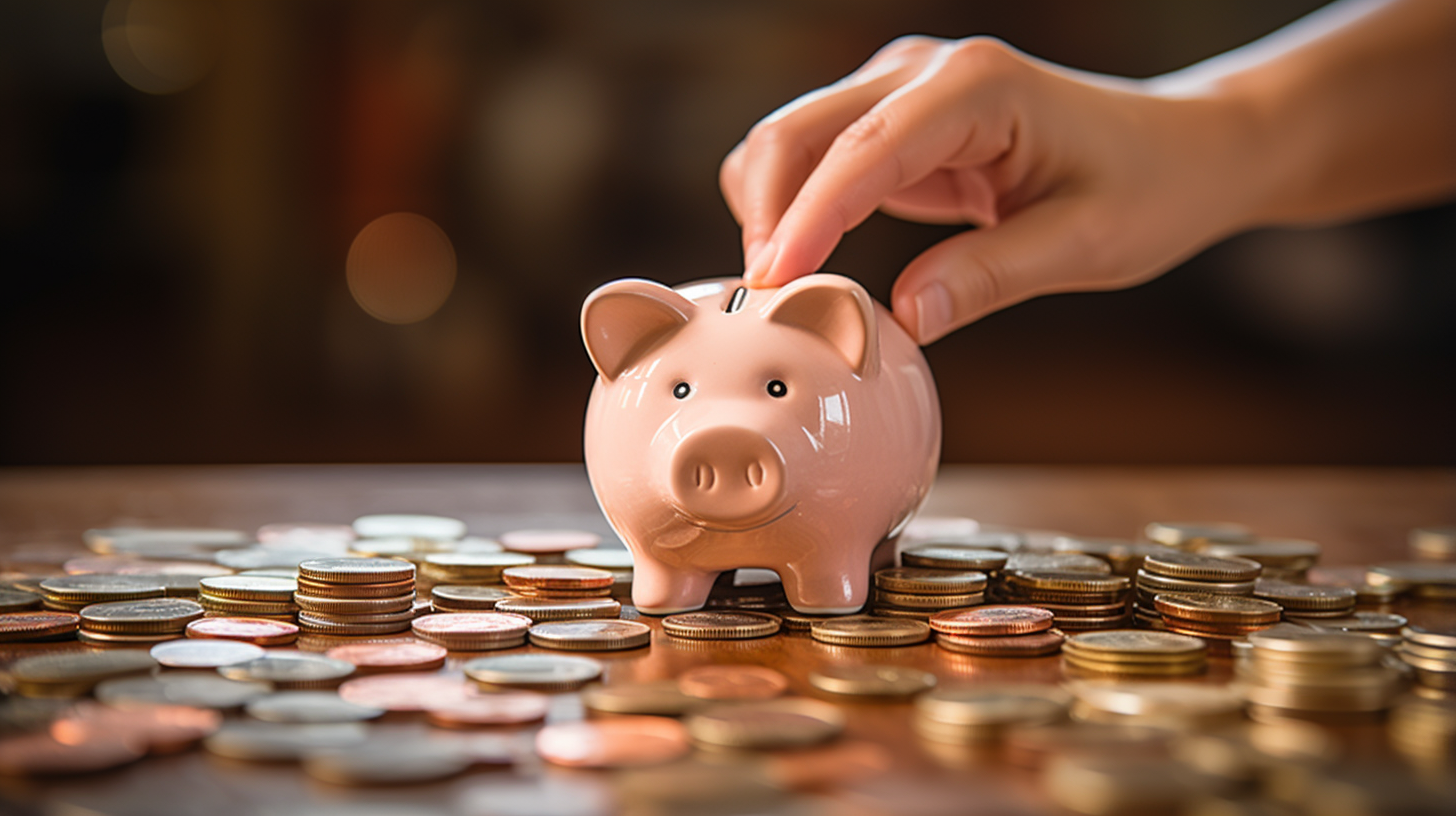 A picture of a piggy bank with coins all around it