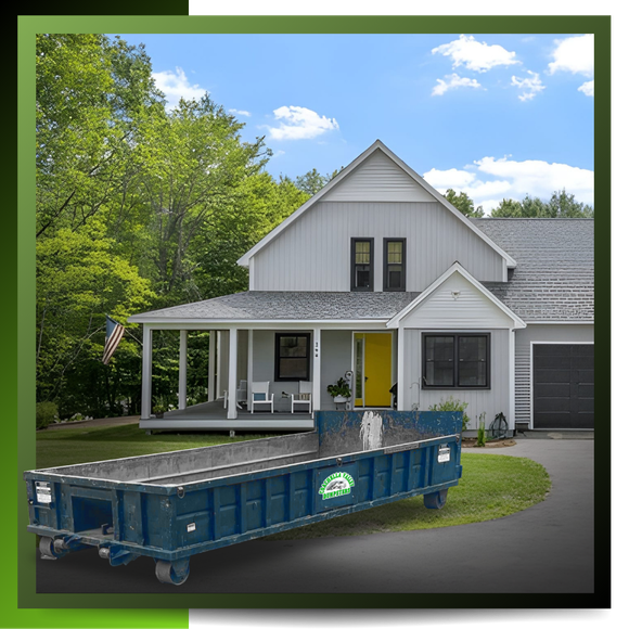 dumpster in front of a house