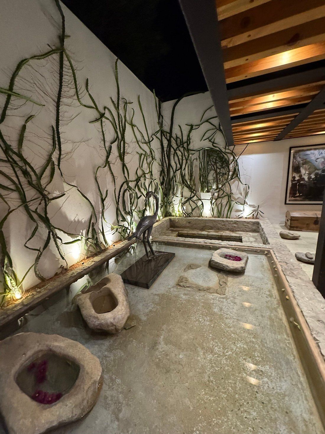 Indoor water feature with stone basins, sculpture, and climbing plants on white walls.
