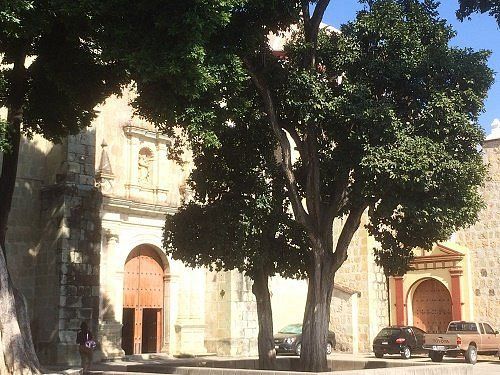 Old stone church with arched doorways, tree, and parked vehicles.