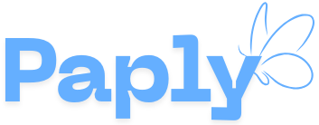 Paply logo with blue text and a stylized butterfly icon, all in light blue.
