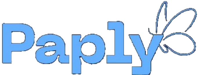 Paply logo in light blue with a butterfly graphic.
