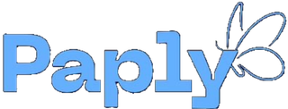 Paply logo with blue text and a stylized butterfly icon, all in light blue.
