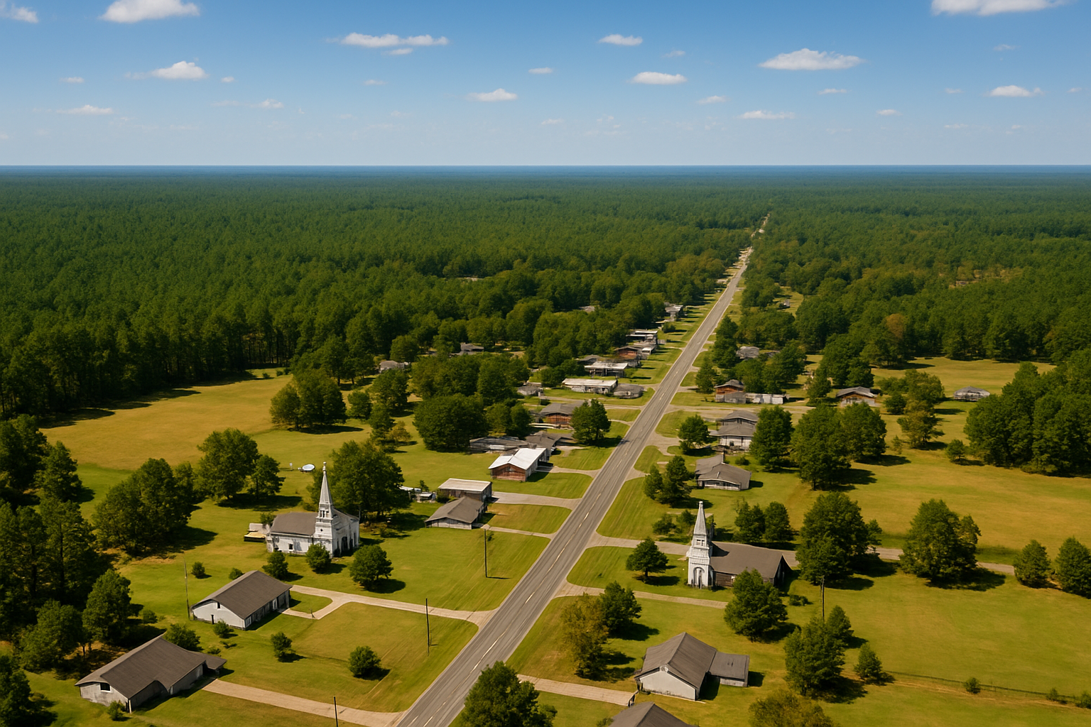 An aerial view of a residential area with a river running through it