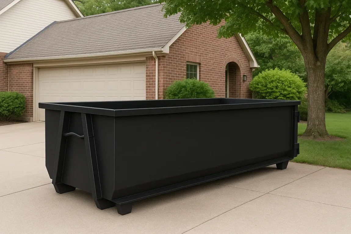 A green dumpster truck is parked on the side of the road.