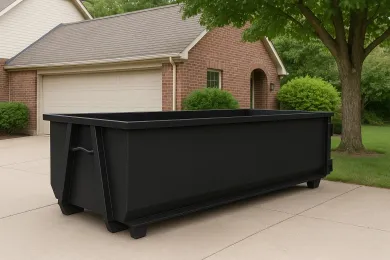 A green dumpster is parked in front of a rose nail salon.