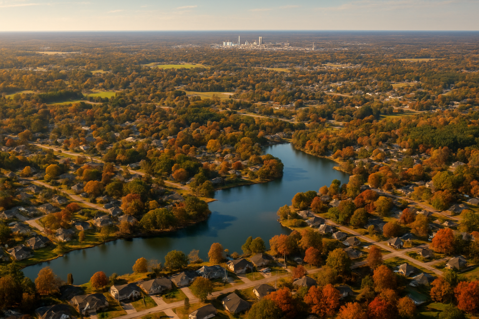 An aerial view of a city with a river running through it