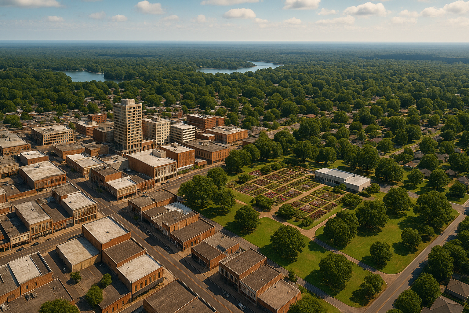 An aerial view of a residential area with a river running through it