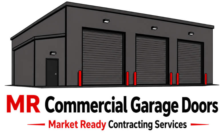 MR Commercial Garage Doors logo with gray warehouse and red/black text, “Market Ready Contracting Services”