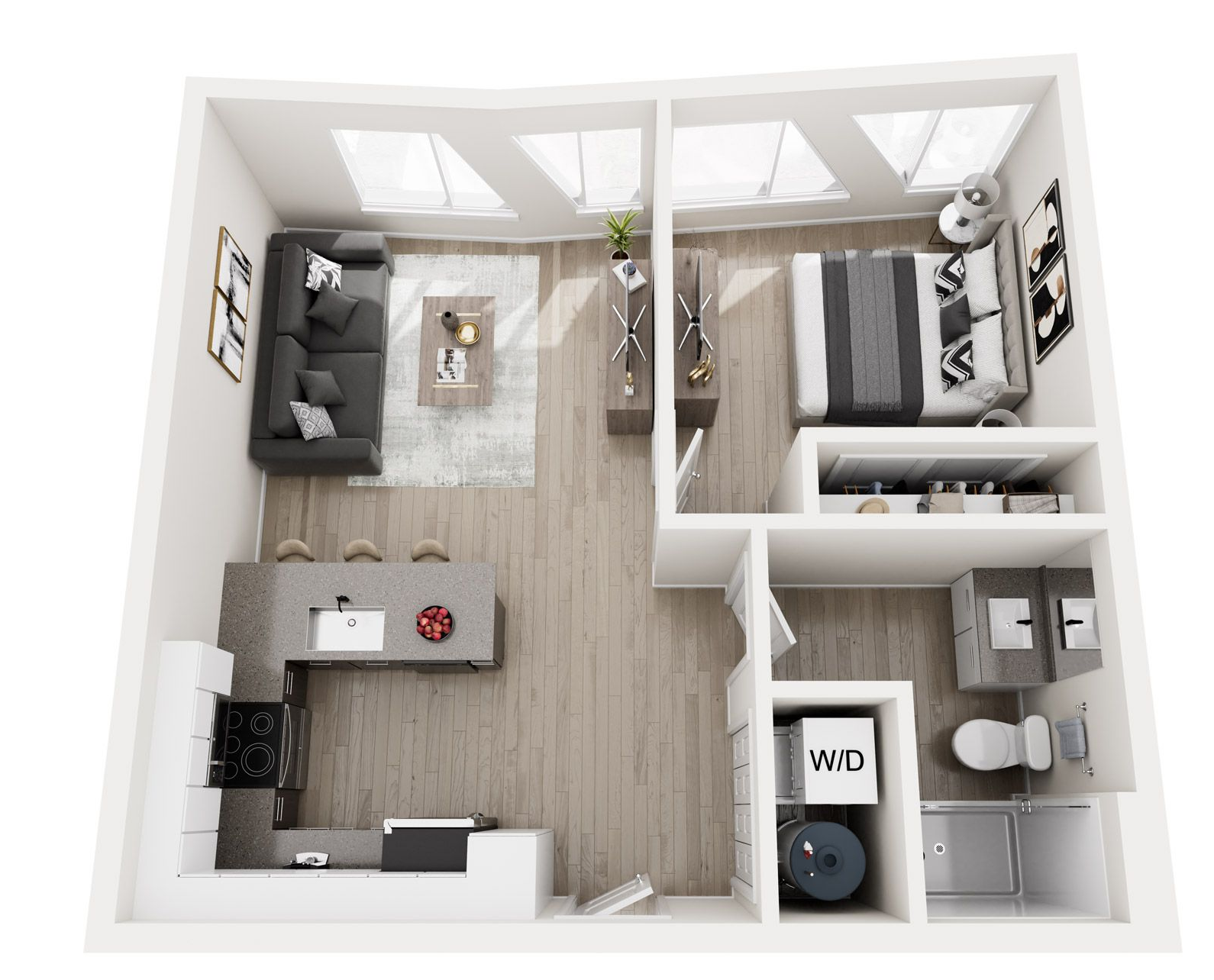 Top-down view of a modern studio apartment with living, dining, and sleeping areas, and a kitchen.