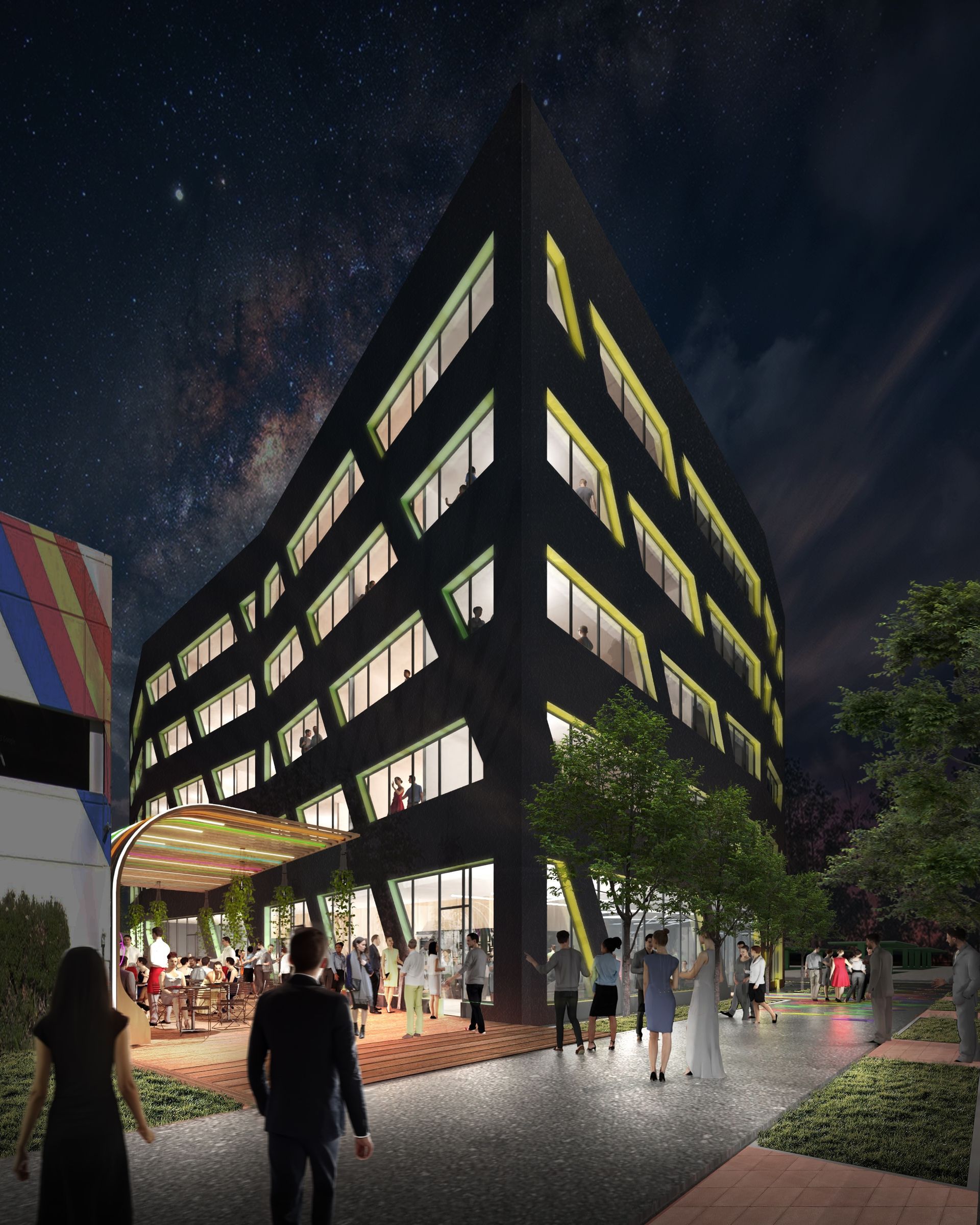 Black modern building with lit windows, people outside. Night sky with stars.