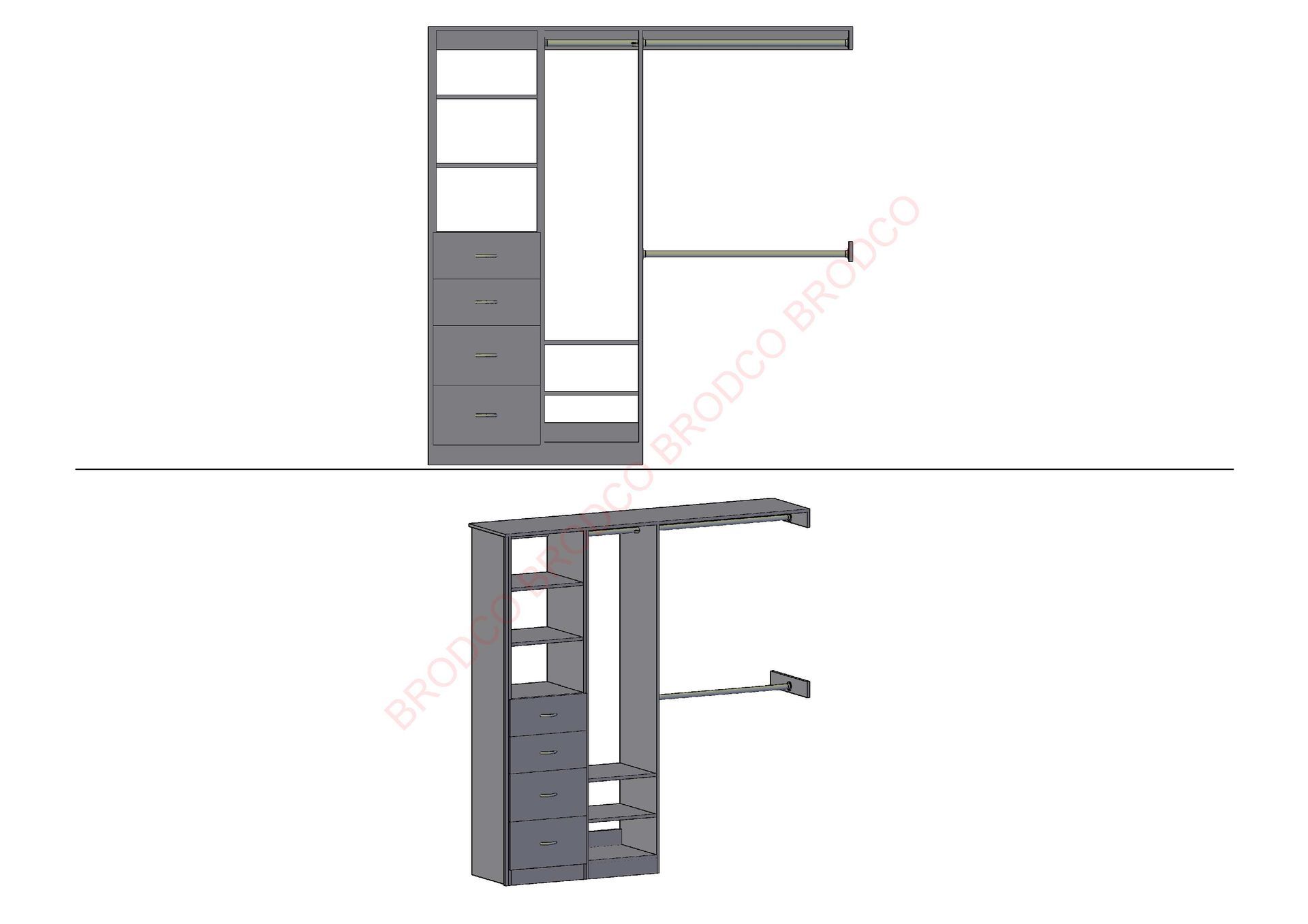 A drawing of a closet with a sliding door and drawers.