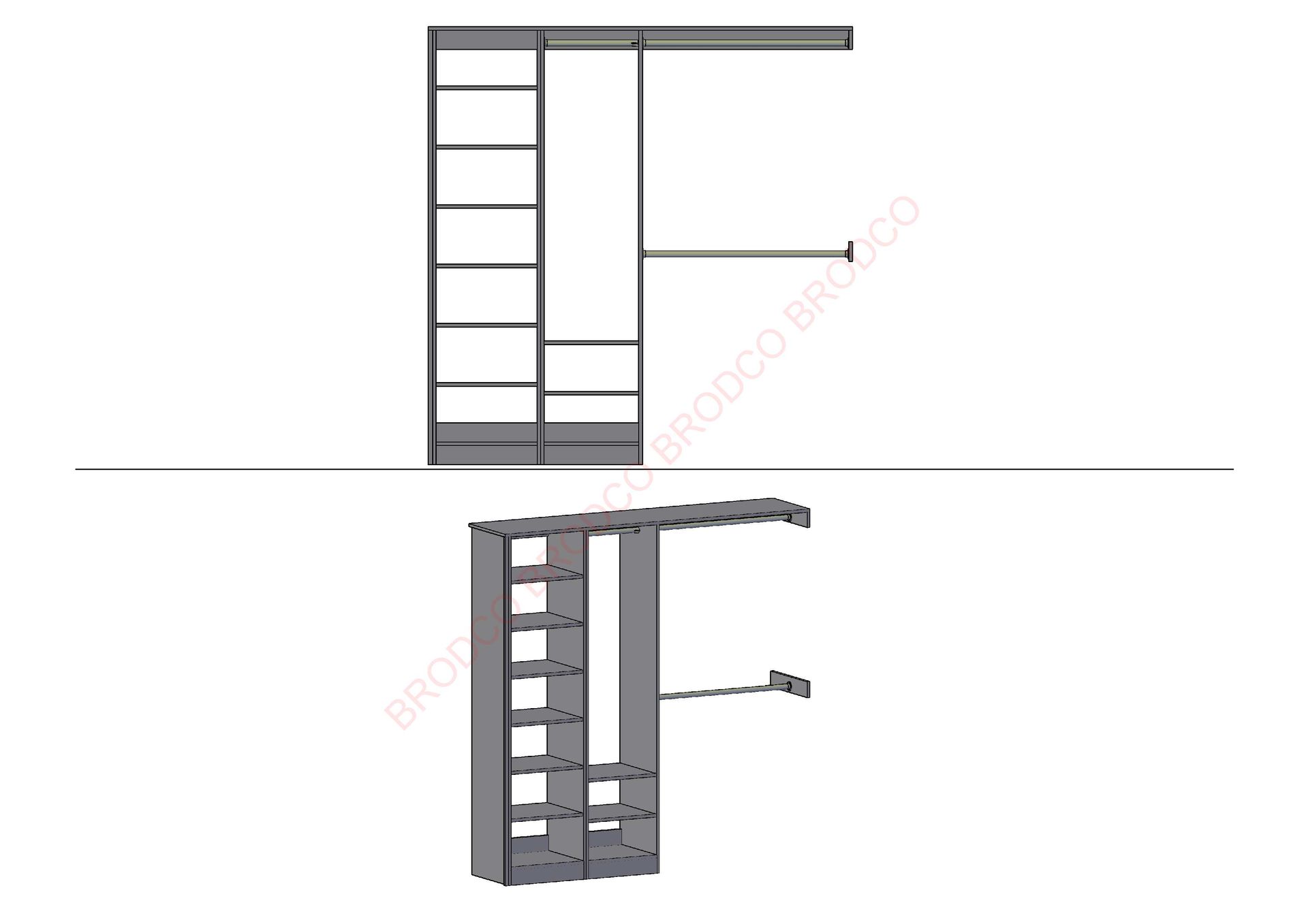 A drawing of a sliding door with a shelf attached to it.
