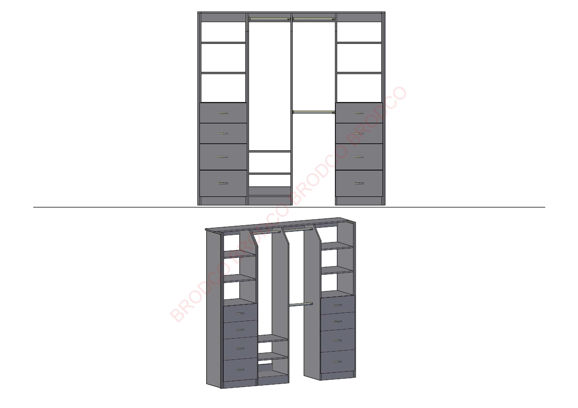 A drawing of a sliding door wardrobe with drawers and shelves