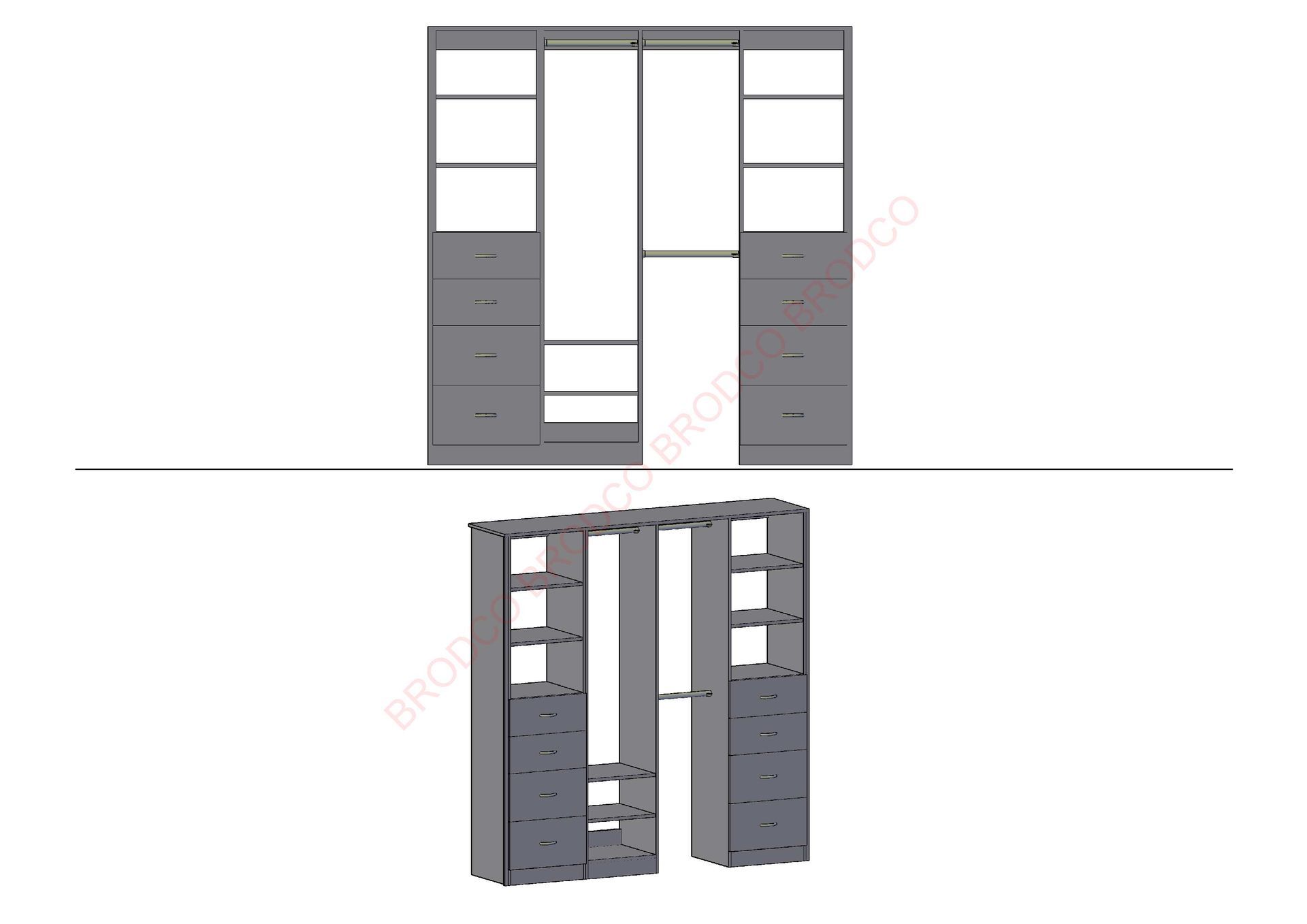 A drawing of a closet with drawers and shelves