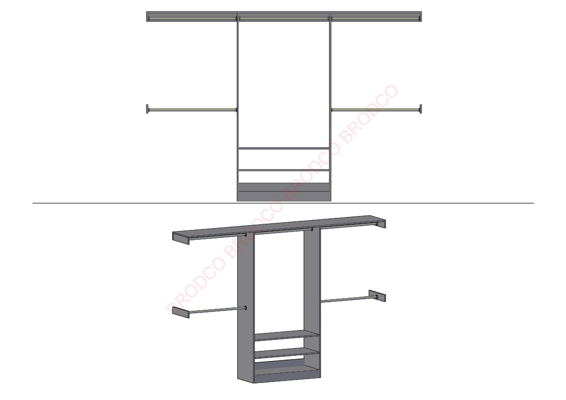 A drawing of a closet with a sliding door and shelves.