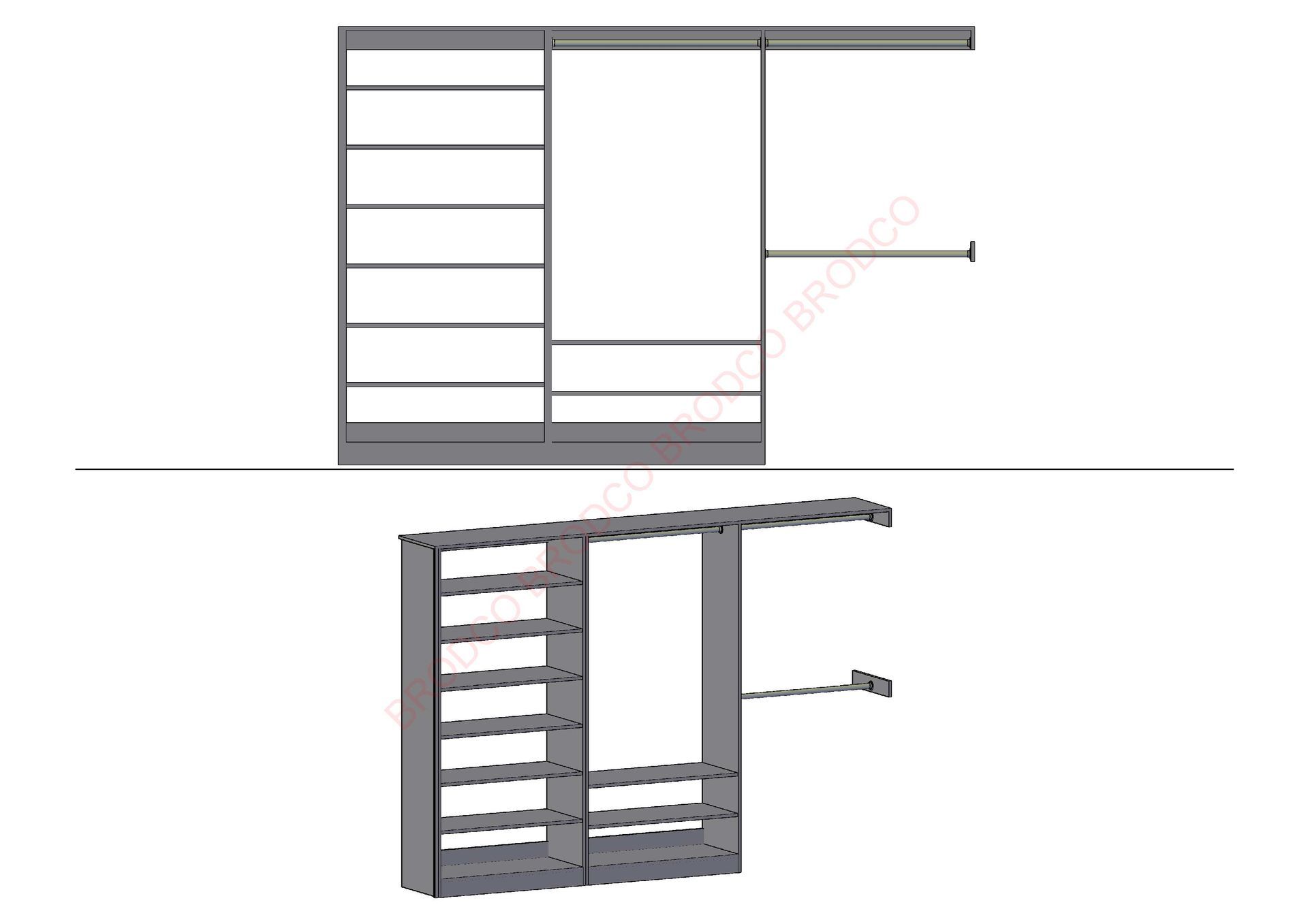 A drawing of a closet with a sliding door and a shelf.