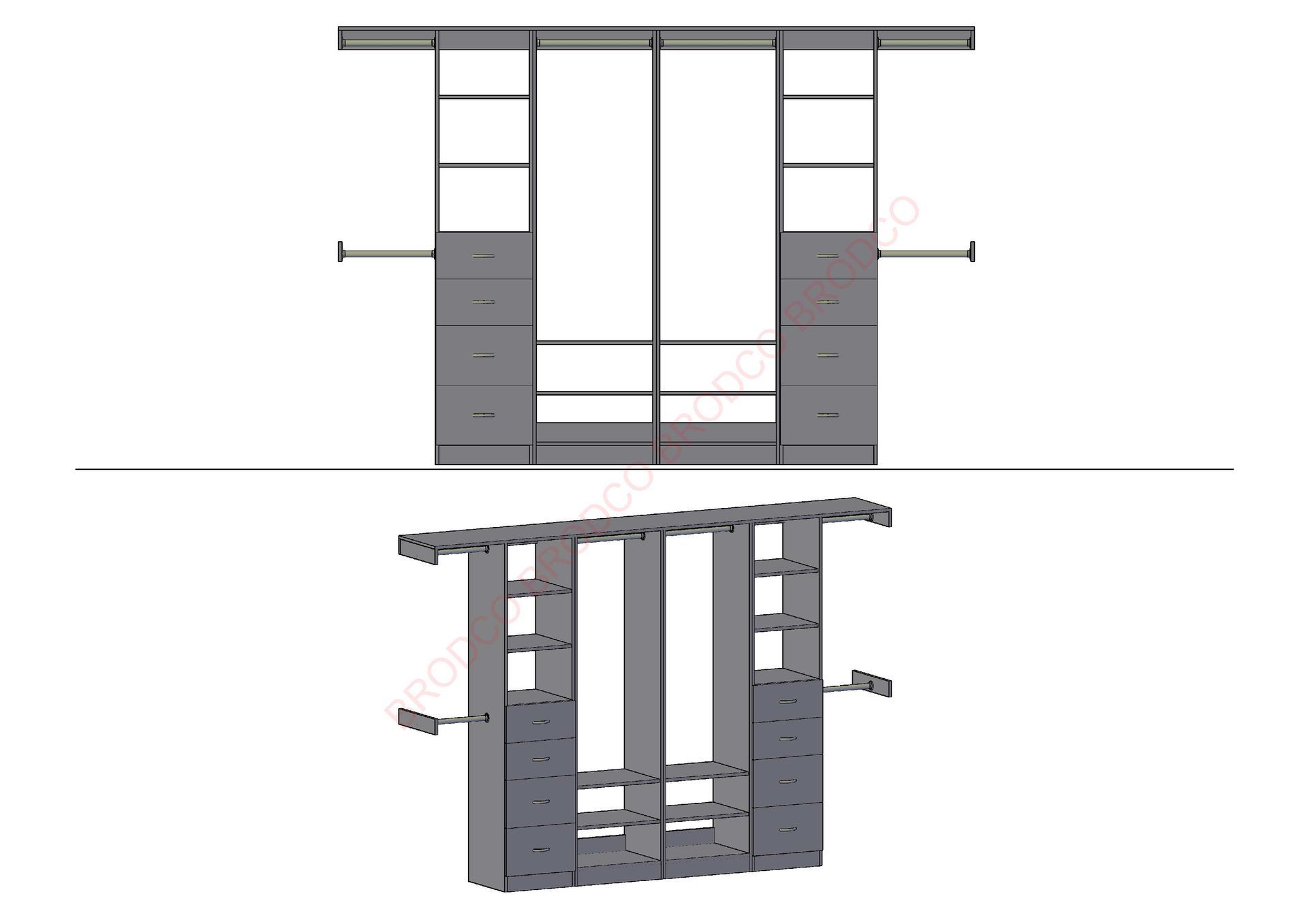 A drawing of a closet with sliding doors and drawers