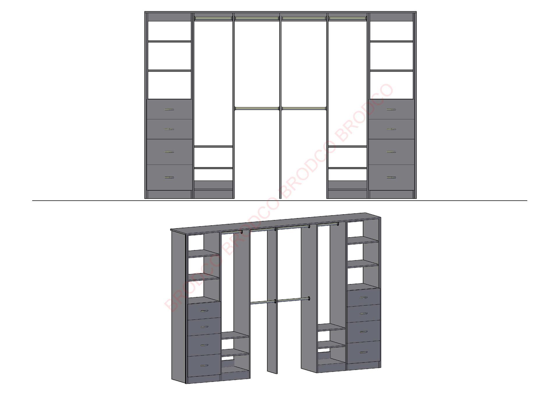 A drawing of a closet with sliding doors and drawers