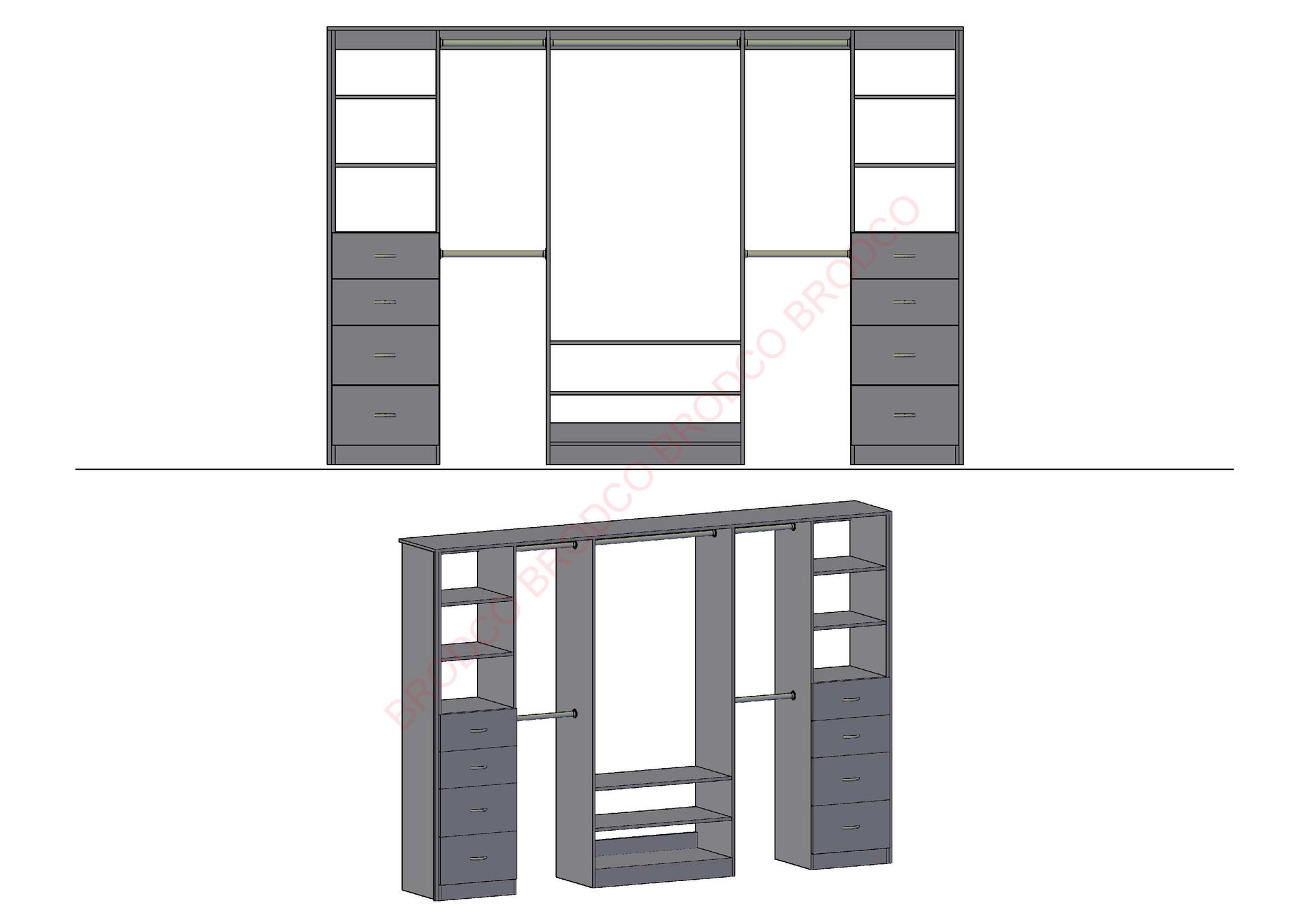 A drawing of a closet with drawers and shelves
