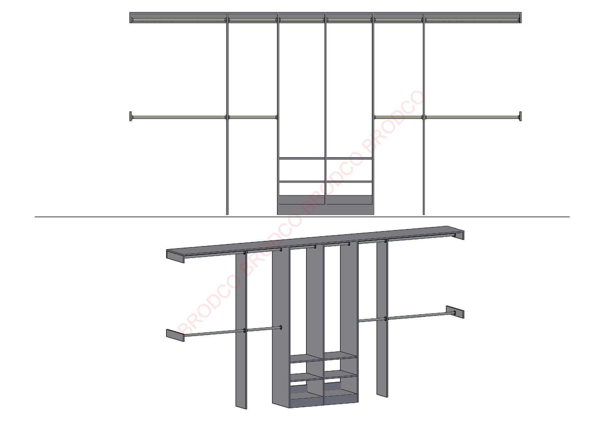 A drawing of a closet with sliding doors and drawers.