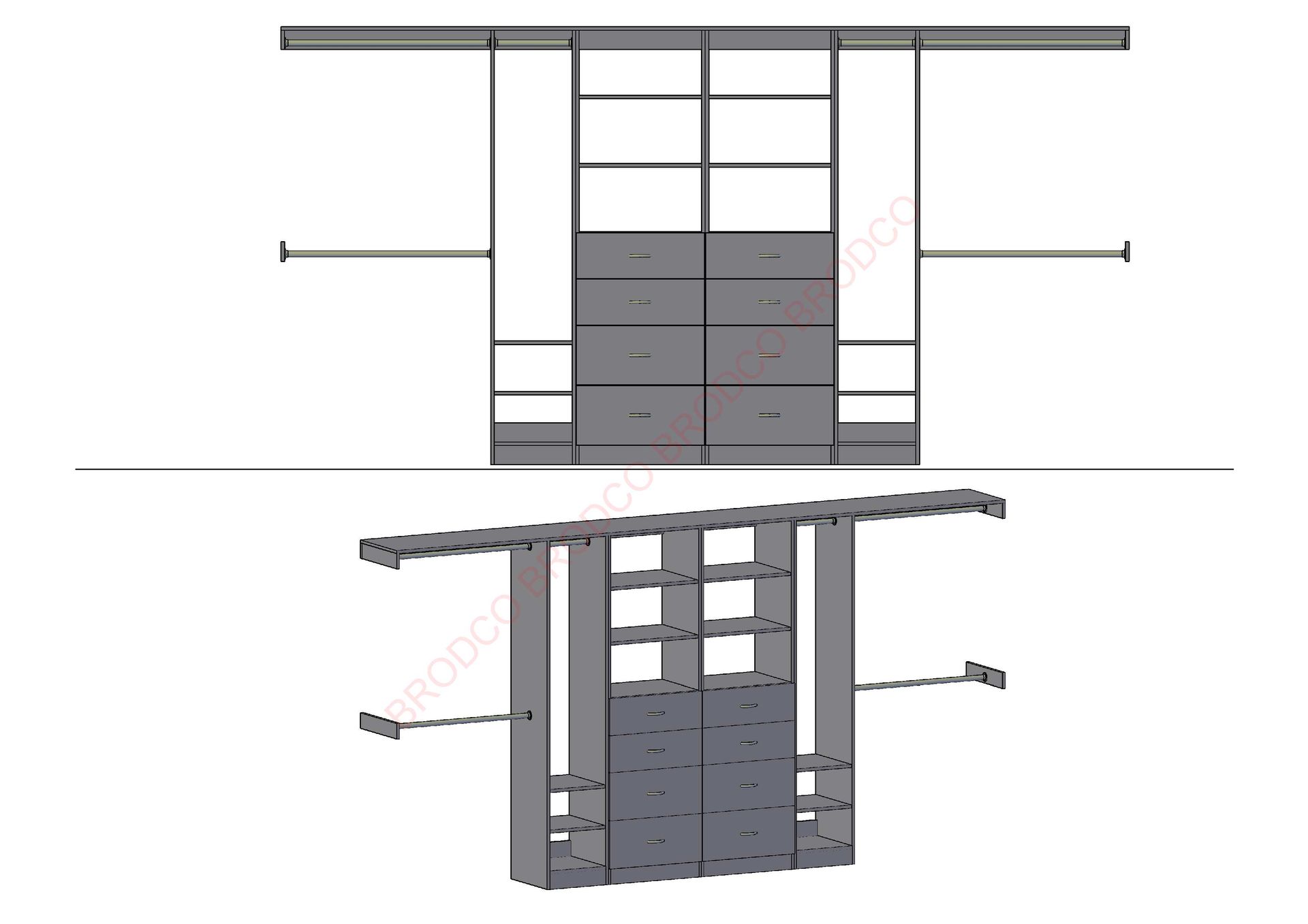 A drawing of a closet with drawers and shelves