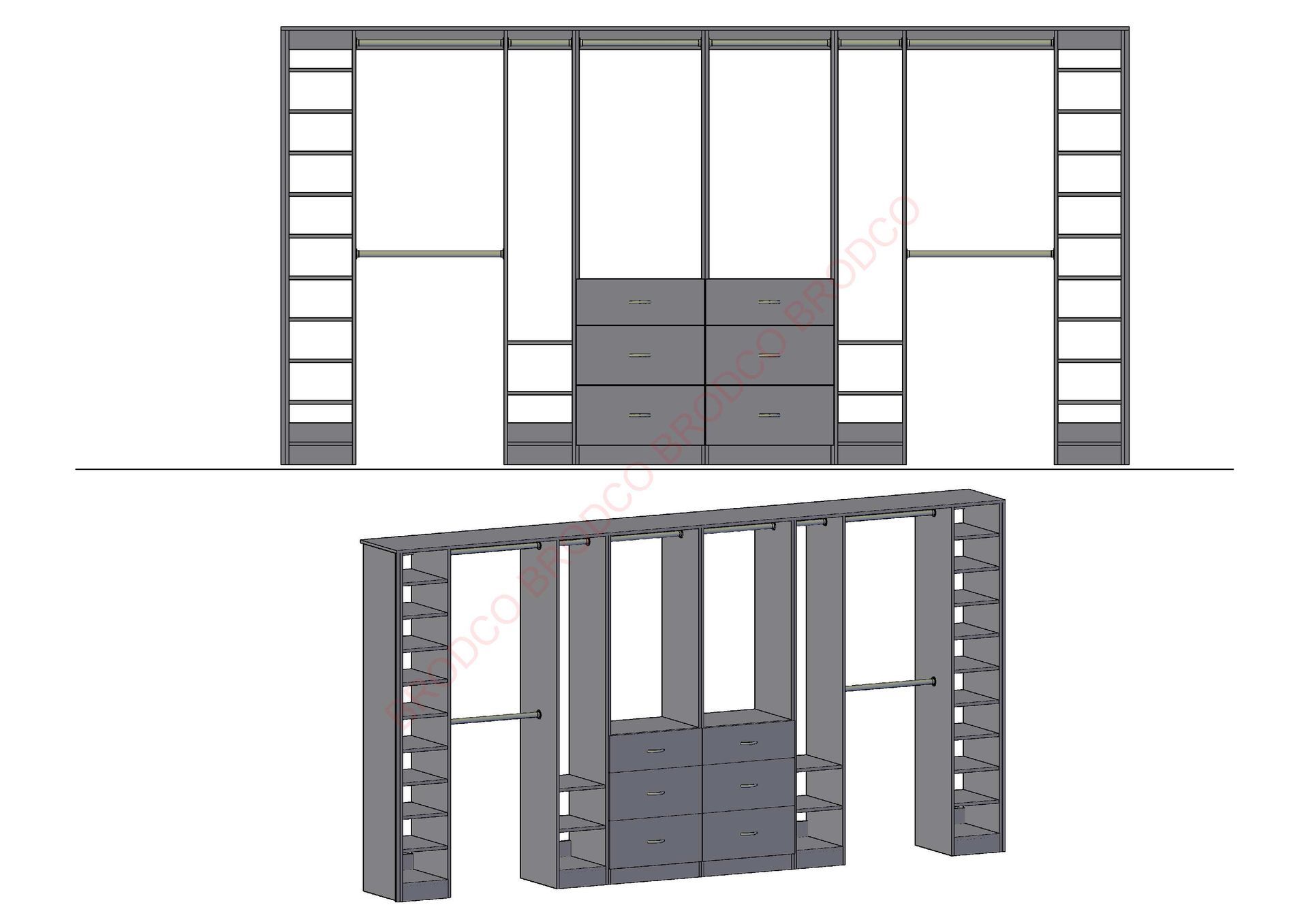 A drawing of a closet with drawers and shelves
