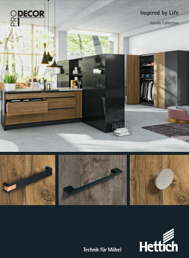 A brochure for a kitchen with wooden cabinets and black handles.