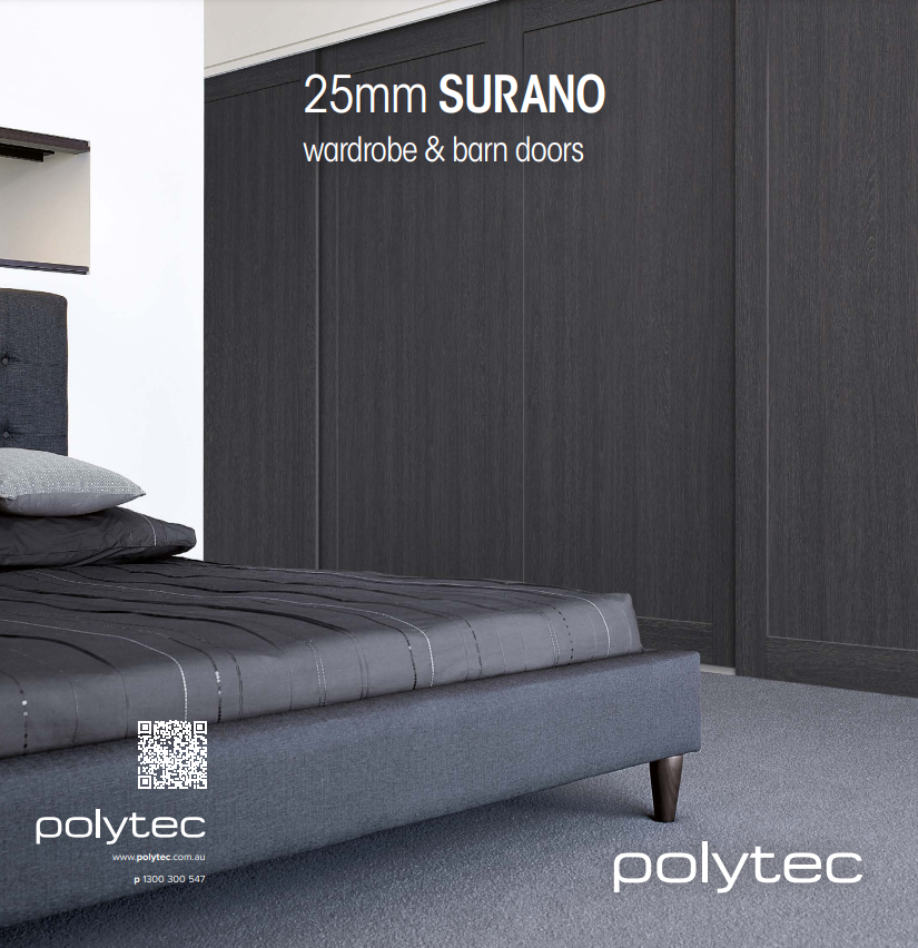 A bedroom with a bed and a brochure for 25mm surano wardrobe and barn doors