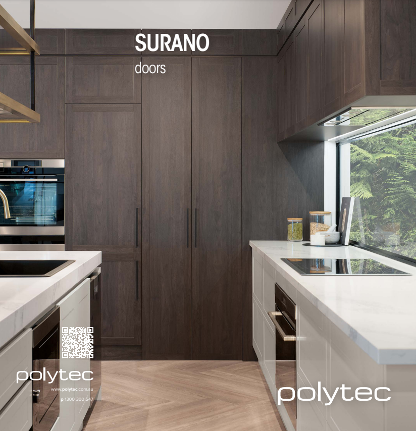 A kitchen with a sign that says surano doors