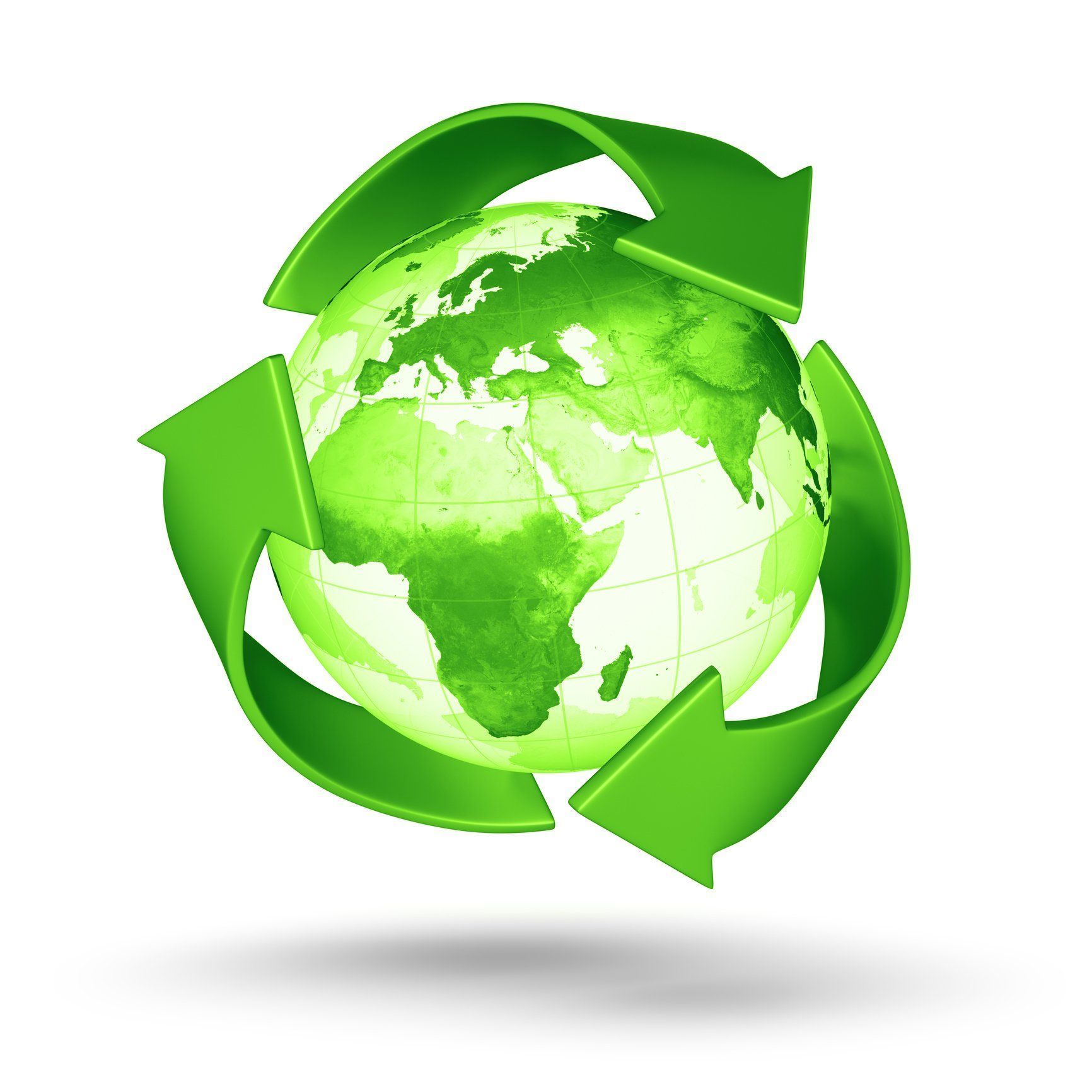 A bright green globe encircled by three recycling arrows on a white background.