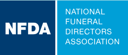 The logo for the national funeral directors association is blue and white.