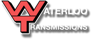 A red and black logo for waterloo transmissions