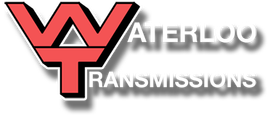 A red and black logo for waterloo transmissions