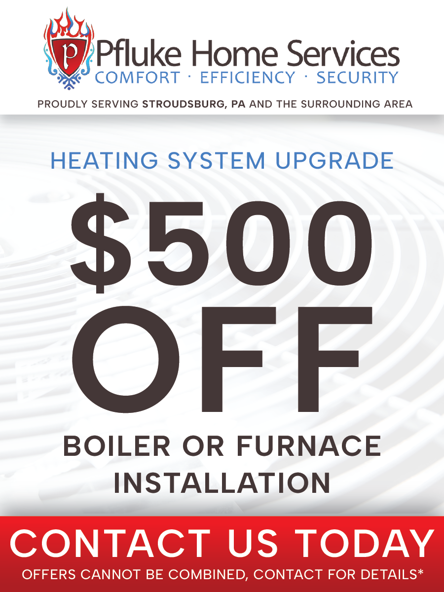 Flyer for Pfluke Home Services, offering $500 off boiler or furnace installation. Includes contact info.