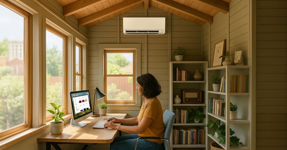 Woman working at a desk in a light-filled home office with computer and bookshelf; AC unit mounted above.