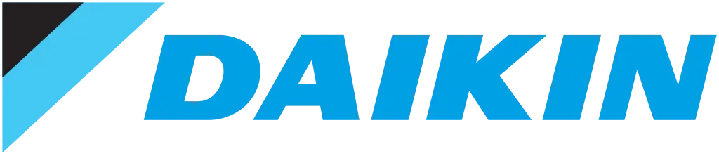 Daikin logo: blue text with a stylized emblem of black and light blue shapes.