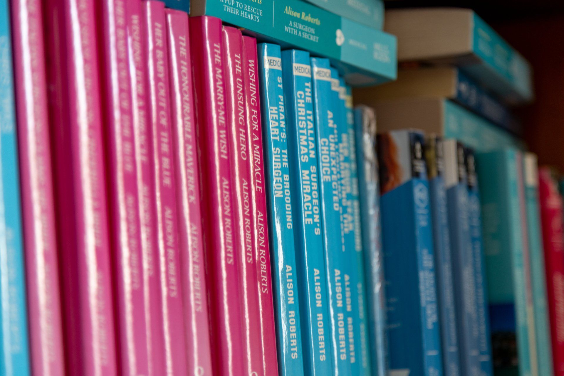 A row of pink and blue books on a shelf