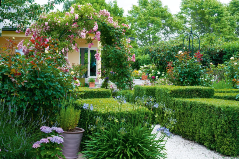 A lush green garden with a house in the background