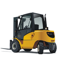 Yellow forklift with black cab, tines extended, against a white background.