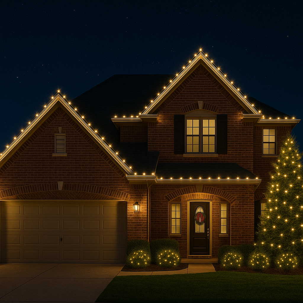House decorated with Christmas lights and presents, snowy yard at night.