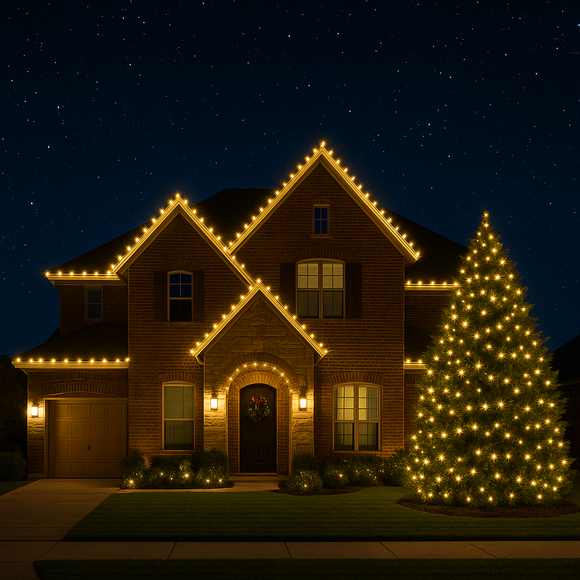 House decorated with Christmas lights at night; reindeer, snowman, and candy cane decorations.