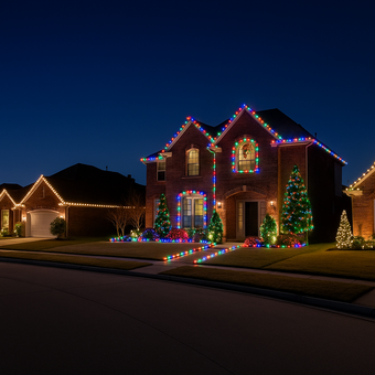 A house lit up with Christmas lights, including trees and a string of lights along the ground.