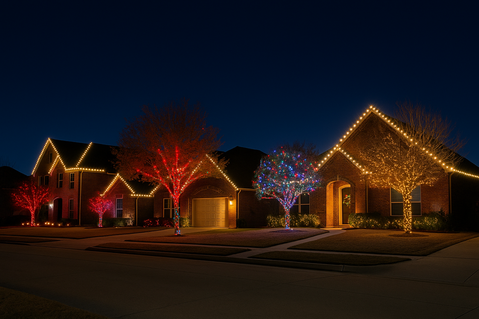 Two-story house lavishly decorated with Christmas lights at night; lit lawn ornaments.