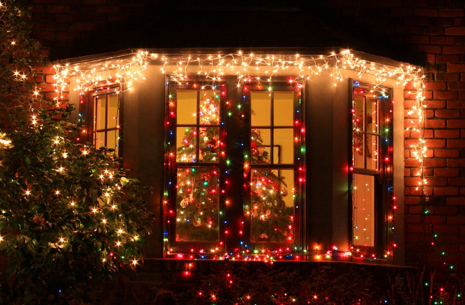 Bay window with Christmas lights, red brick house, and a lit Christmas tree reflected in the window.