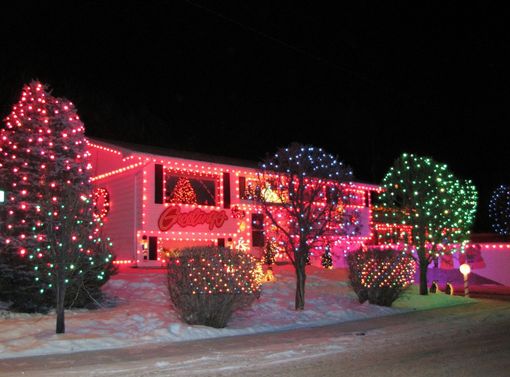 House covered in colorful Christmas lights at night, bushes and trees also lit.