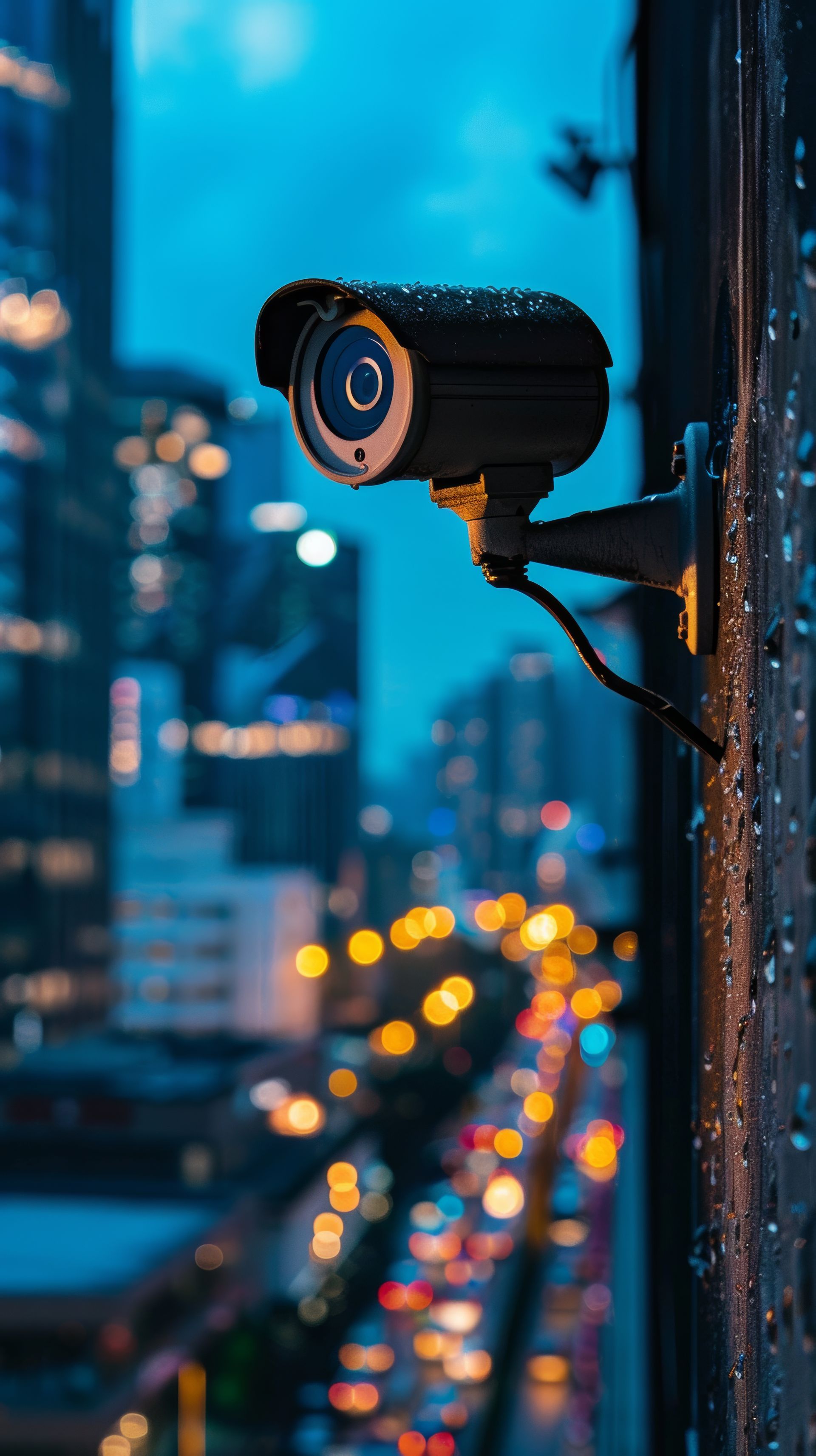 A security camera is mounted on the side of a building.