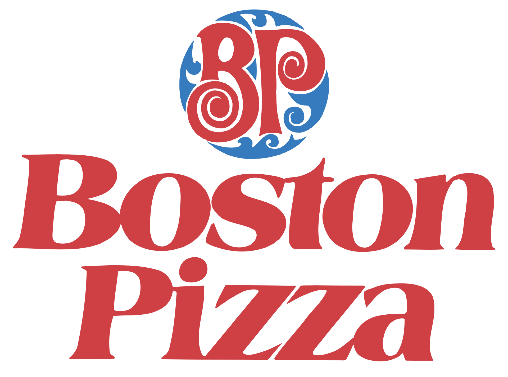 A red and blue logo for boston pizza