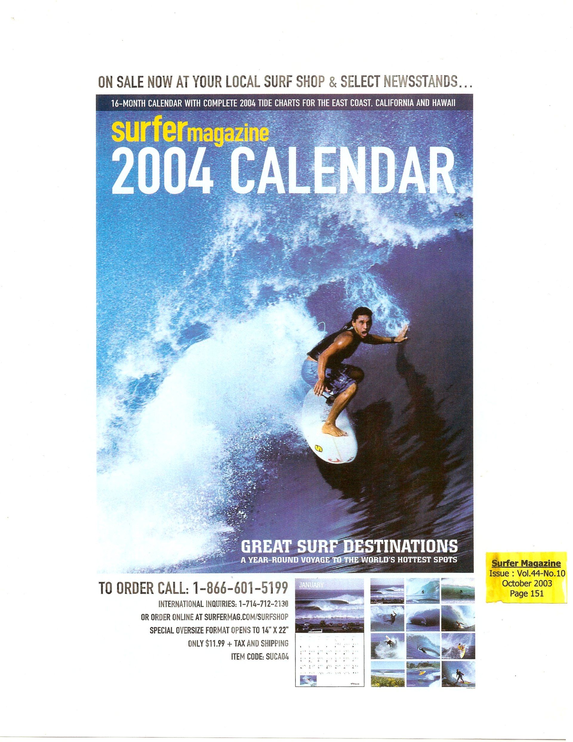 A surfer magazine 2004 calendar shows a man riding a wave